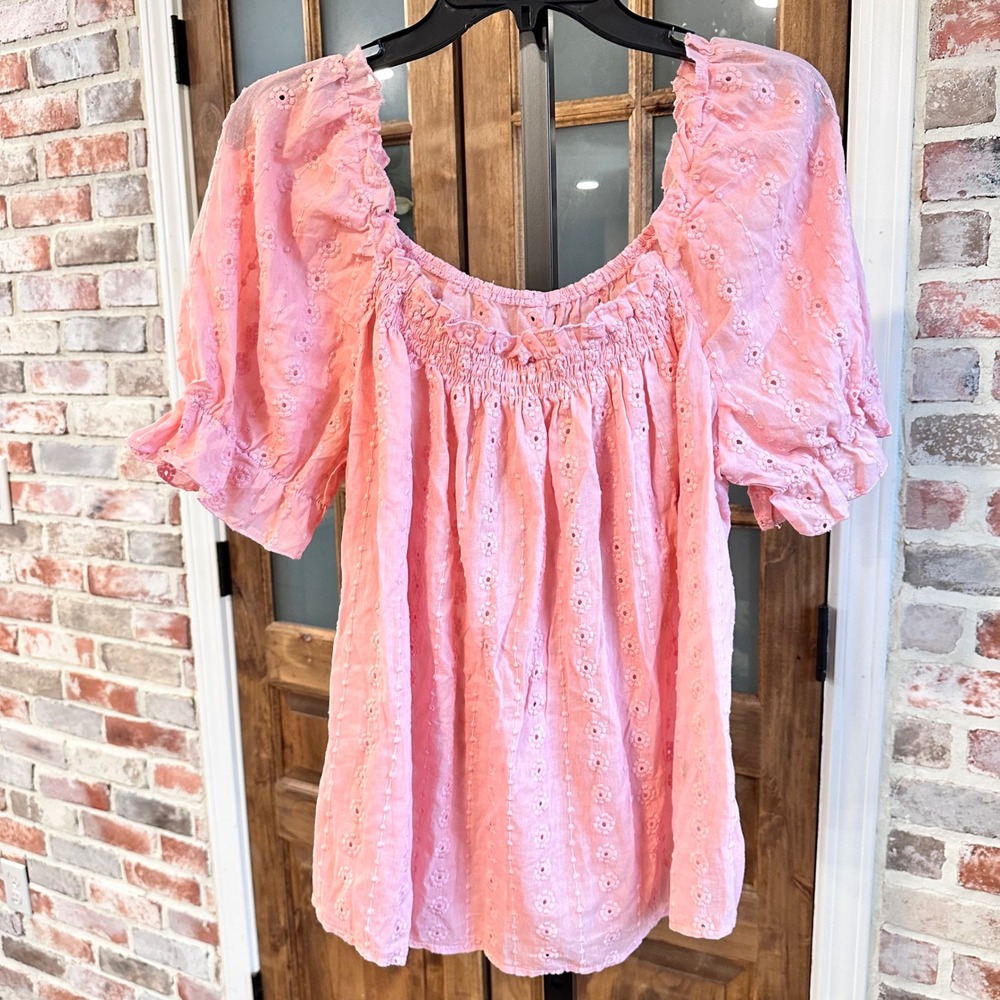 Shein Curve Top Women Pink Eyelet Embroidered Smocked Puff Sleeve 0XL Plus Boho
